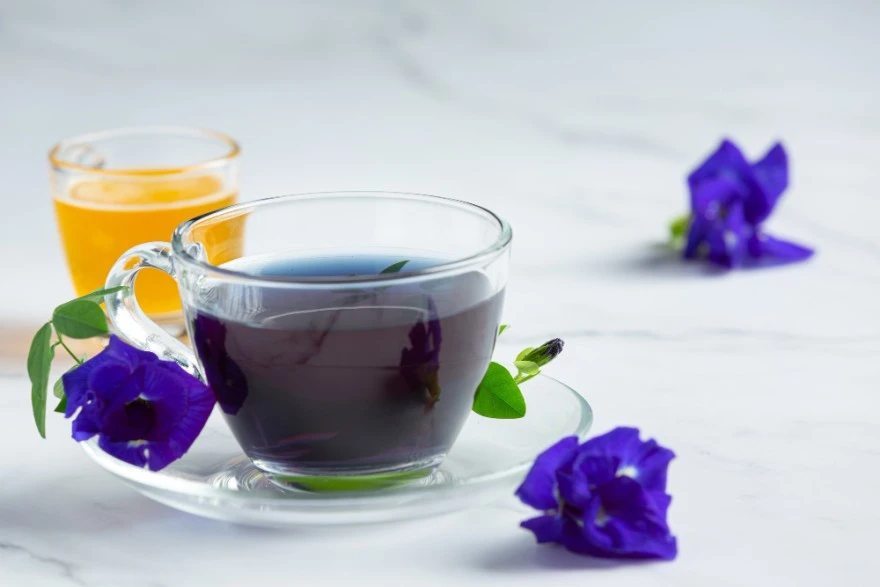 Blue tea made from butterfly pea flowers in a cup